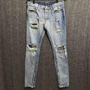 MNML Jeans Men 30 Blue Distressed Skinny Ankle Zip Ripped Denim Streetwear Biker